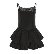 LACERTA/萊瑟塔設計師品牌25春夏桑蠶絲拼接蕾絲吊帶連衣裙精致蓬蓬短裙 黑色 M