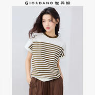 佐丹奴短袖T恤女夏新款純棉時尚減齡小高領(lǐng)連袖條紋t恤女13325208 53褐/茶棕 M