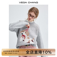 VEGA CHANG毛針織衫女2025新款冬季穿搭含羊毛灰色甜美蝴蝶結(jié)毛衣 花灰印花 M