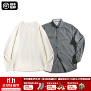 馬登工裝美式復(fù)古磨毛豎條紋襯衫男翻領(lǐng)休閑長(zhǎng)袖襯衣修身薄款上衣外套 錫灰色襯衫+米白T恤 2XL