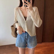 HUALIN FASHION2025新款冰絲V領(lǐng)亞麻防曬披肩女夏薄坎肩針織開衫外套 米色 均碼 【85-130】