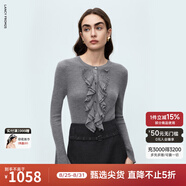 朗姿圓領(lǐng)套頭針織衫荷葉邊喇叭袖長(cháng)袖修身打底衫2025冬季新款 中灰色 M