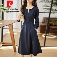 皮爾卡丹（pierre cardin）法式氣質(zhì)長(cháng)袖v領(lǐng)連衣裙女早秋季大碼收腰顯瘦時(shí)尚休閑裙子女裝潮 藏青色  L 【100-115斤】