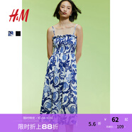 H&M女裝背心吊帶連衣裙秋季無袖修身收腰露背海洋印花長裙1221999 白色/藍色花卉 XS 155/80