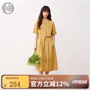 非魚(yú)非魚(yú)25夏季新款五分袖收腰連衣裙減齡氣質(zhì)文藝系帶女裙繡花裙子 卡其 L