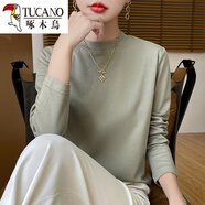 啄木鳥(niǎo)春秋新款純棉半高領(lǐng)打底衫女寬松內搭中領(lǐng)T恤立領(lǐng)長(cháng)袖針織衫衛衣 茶綠色 XL 120-140斤