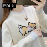 WNBR卡通針織衫女2024秋冬新款百搭加絨加厚寬松圓領(lǐng)保暖打底衫毛衣 米白色 [柴犬款] L [105-120斤]