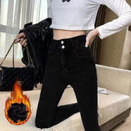 霏楚薄款牛仔褲女高腰緊身新款韓版鉛筆褲子女學(xué)生九分修身顯瘦小腳褲 加-絨336黑色 28 【100斤-110斤】