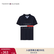 TOMMY HILFIGER春夏童裝男拼色織帶字母印花潮流休閑運動(dòng)翻領(lǐng)短袖T恤POLO衫 藏青色002 160 14/160cm