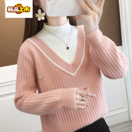 初徑冬季2025年新款秋裝假兩件水貂加絨雪尼爾女士毛衣內(nèi)搭加厚打底衫 粉紅色1 S 85-99斤