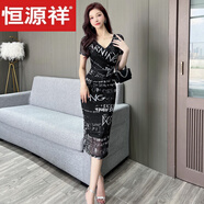 恒源祥時尚氣質(zhì)V領(lǐng)網(wǎng)紗印花連衣裙夏歐美復(fù)古風性感緊身顯瘦包臀中長裙 字母 S 建議85-90斤
