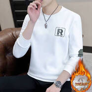 以純（YISHion）長(cháng)袖T恤男春季加絨加厚白色衣服春裝上衣2024新款秋冬打底衫衛衣 1966 白色  加絨 L 【建議105-120斤】