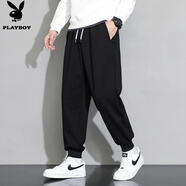花花公子（PLAYBOY）重磅寬松運動(dòng)褲男士純棉夏季束腳男生衛褲春秋針織休閑男生長(cháng)褲子 黑色 XL 【31/32碼】
