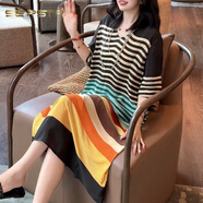 夏典素訂女王（SE.PSTP）度假風(fēng)冰絲連衣裙女2025新款夏季氣質(zhì)V領(lǐng)彩色條紋寬松中長(zhǎng)款裙子 彩色條紋 2XL 150-165斤