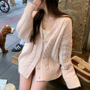 衣彩灣2025春新款甜美仙女粉v領(lǐng)毛衣外套女寬松慵懶風(fēng)麻花針織開衫 粉色 均碼