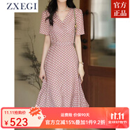 ZXEGI品牌100%桑蠶絲重磅真絲波點(diǎn)連衣裙氣質(zhì)V領(lǐng)顯瘦減齡魚(yú)尾裙子夏季 粉色 M
