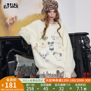 妖精的口袋鬼馬萌寵寬松米白色毛衣女2025秋季新款慵懶風(fēng)顯瘦上衣 芝士米白色 S
