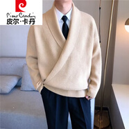 皮爾卡丹（pierre cardin）韓國秋冬款純色大V領墜垂感個性毛衣男寬松慵懶風休閑針織衫外套 卡其 M