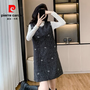 皮爾卡丹（pierre cardin）小香風刺繡蝴蝶結連衣裙女秋季小個子無袖背心裙高級感呢子A字裙 米白色上衣 L