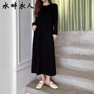 水畔衣人高檔連衣裙棉圓領(lǐng)中長款顯瘦藏肉寬松短袖長袖直筒裙大碼女休閑裙 黑色長袖 S 建議 85-95 斤