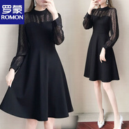 羅蒙（ROMON）官方春秋季新款收腰連衣裙大碼200斤遮肚顯瘦長(cháng)袖蕾絲打底裙 黑色 M _建議【100斤內】
