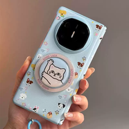 中赤適用榮耀MagicV5手機殼全包防摔折疊屏小米MIXFold4高檔皮紋三星ZFOLD6中軸磁吸氣囊支架MagicV3手 鉸鏈全包藍色彩繪單后殼+招手貓 小米MIXFold4