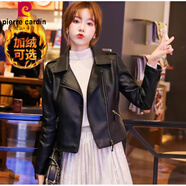 皮爾卡丹（pierre cardin）歐洲站皮衣外套女士2025年春秋冬裝新款女短款加絨修身機車皮夾克 黑色(需要拍大一碼)現(xiàn)貨 加絨 XS (建議70-85斤)