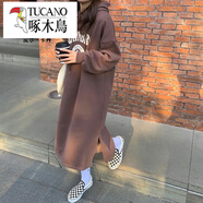 啄木鳥（TUCANO）中長款過膝連衣裙長款連帽衛(wèi)衣裙女秋冬季加絨加厚套頭小個(gè)子寬松 咖啡色 均碼