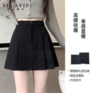 薩拉維夫毛呢半身裙女2025秋冬新款高腰遮跨加厚a字裙小個(gè)子百褶休閑短裙 黑色 L