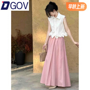 DGOV夏裝法式小清新無(wú)袖Polo領(lǐng)襯衫女背心半身裙長(cháng)裙女裝套裝兩件套 白色襯衫+粉色裙 兩件套 S 建議80-95斤