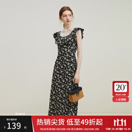 范思藍(lán)恩23FS12695韓系荷葉邊減齡連衣裙女夏季新款吊帶裙子 黑底碎花 M