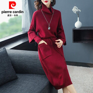 皮爾卡丹過(guò)膝中長(cháng)款冬裙新款女加厚法式不規則連衣裙女秋冬針織長(cháng)款毛衣裙 酒紅色 均碼