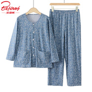 北極絨純棉中老年春夏季薄款吸汗透氣長(cháng)袖開(kāi)衫上衣褲子套裝家居服睡衣女 梅蘭花（長(cháng)袖+長(cháng)褲）有口袋 XL （建議95-120斤）