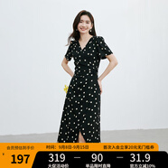 紅袖波點(diǎn)收腰連衣裙夏季新款女裝法式V領(lǐng)顯瘦減齡氣質(zhì)黑色顯白雪紡裙 黑底米點(diǎn)818 M
