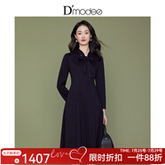 黛瑪詩新款優(yōu)雅系帶領(lǐng)連衣裙女高腰顯瘦大擺長袖淑女裙子 藏藍(lán)色 XL