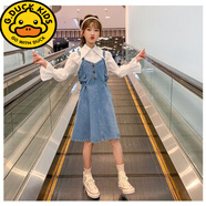G.duck女童吊帶牛仔裙春秋2025新款兒童裙子韓版中大童連衣裙春秋背帶裙 白色上衣 130 正碼