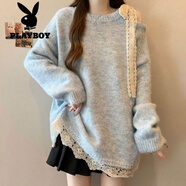 花花公子（PLAYBOY）假兩件蕾絲針織衫毛衣女秋冬季2025新款寬松慵懶風(fēng)感上衣外套 淺藍色 M