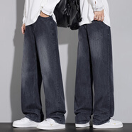 蕭蕭布落闊腿牛仔褲男士加絨褲美式潮牌寬松直筒休閑長(cháng)褲子2025秋冬新款 20T9076煙黑色 常規 L