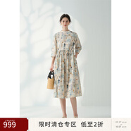 EIN【海上生花】EIN言浪漫藝術(shù)故事感印花純棉七分袖連衣裙女秋新款 淺藍 S