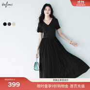 伊芙麗（eifini）蔣欣代言【天鵝裙】V領(lǐng)針織拼接顯瘦短袖連衣裙2025春季新款 黑色 S 80-105斤