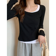 映棠恤春秋新款2023假兩件打底衫 黑色 M 95-105斤