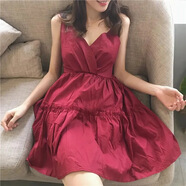 梢聽(tīng)小清新抹胸連衣裙女中長(cháng)款蝴蝶結V領(lǐng)露肩春夏網(wǎng)紅吊帶A字打底 酒紅色 S