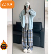 棉致毛呢格子褲子女春秋季新款寬松闊腿高腰運動休閑衛(wèi)褲 687藍色【加絨高品質(zhì)】 S 80-90斤