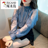 啄木鳥(niǎo)（TUCANO）網(wǎng)紗雪紡襯衫女2025春秋季新款時(shí)尚氣質(zhì)荷葉邊一字肩小衫潮流上衣 藍(lán)色 M