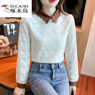 啄木鳥(niǎo)（TUCANO）加絨蕾絲打底衫女秋冬季2025新款娃娃領(lǐng)高檔洋氣小衫減齡顯瘦上衣 白色薄，款 M 90-100斤