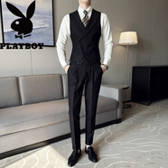 花花公子（PLAYBOY）輕熟風(fēng)簡約商務(wù)西服馬甲套裝男設(shè)計(jì)感雙排扣馬甲帥氣伴郎新郎西裝 黑色(馬甲+褲子)收藏 白襯衫黑領(lǐng) M (48)