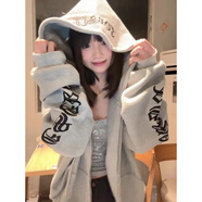 燦圖秋冬季新款美式字母刺繡開(kāi)衫衛衣女高街復古潮流情侶拉鏈連帽外套 灰色 【常規】 L