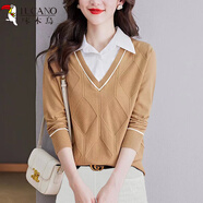 啄木鳥(niǎo)2026秋裝新款假兩件上衣女士襯衫毛衣針織衫長(cháng)袖時(shí)尚洋氣打底小衫 黃色 M 建議85-105斤