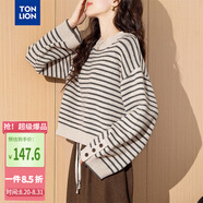 唐獅2025秋季女復古風(fēng)條紋圓領(lǐng)套頭毛衣短款時(shí)尚簡(jiǎn)約百搭文藝風(fēng)