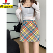 皮爾卡丹秋冬美式格子裙女大碼胖mm高腰顯瘦包臀裙設計感彩色中長(cháng)款半身裙 彩虹短裙 L 【110-120斤】